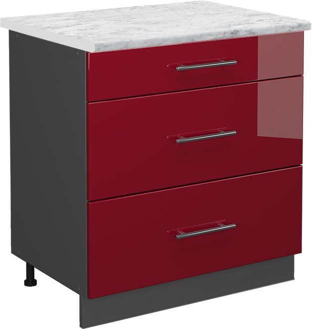 Vicco - Küchenunterschrank Fame-Line, Bordeaux Hochglanz, 80 cm mit 3 Schubladen, ap Marmor