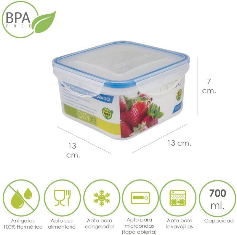 Quadratischer hermetischer Kunststoffbehälter 700 ml. 13 x 13 x 7 (h) cm.