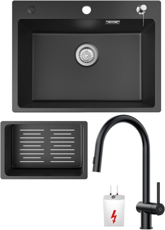 Cecipa Max - Küchenspüle 60x45cm Granitspüle Anthrazitschwarz Mit Seifenspender + Ausziehbarer Niederdruck-Küchenarmatur...