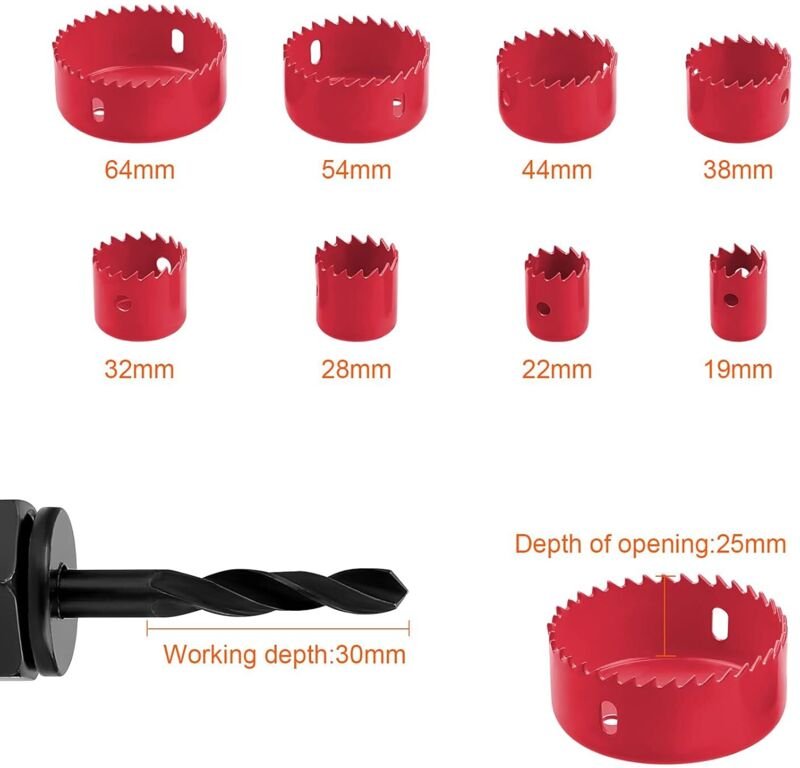 11-teiliges Lochsägen-Set aus Karbonstahl für Holz, Gipskarton, Dichteplatten und Nichteisenmetalle, 19 – 64 mm