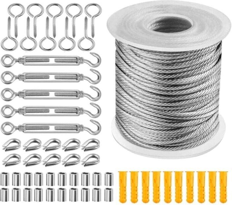 50 m Edelstahlkabel-Set, 2 mm Kabel, PVC-beschichtetes Stahlgeflecht, Stahlkabel mit Ösen, M5-Kabelspannschloss, Edelsta...