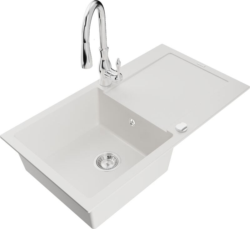 Leo 1 Becken-Granitspüle mit Abtropffläche und Mischbatterie Savita, Weiß - 6501-20-672601-00 - Mexen