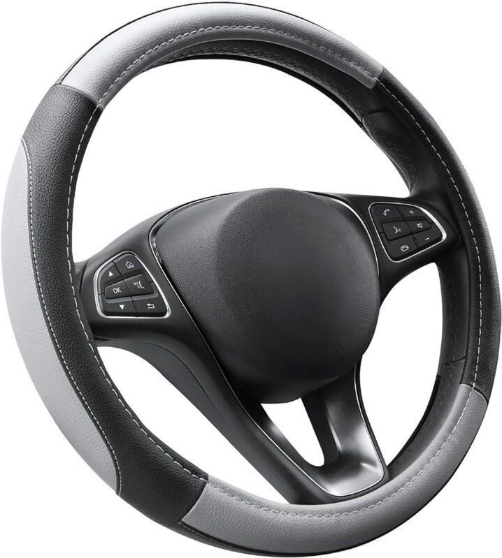 Ersandy - Grauer und schwarzer Lenkradbezug aus Mikrofaser-Leder, Durchmesser m 37–38 cm