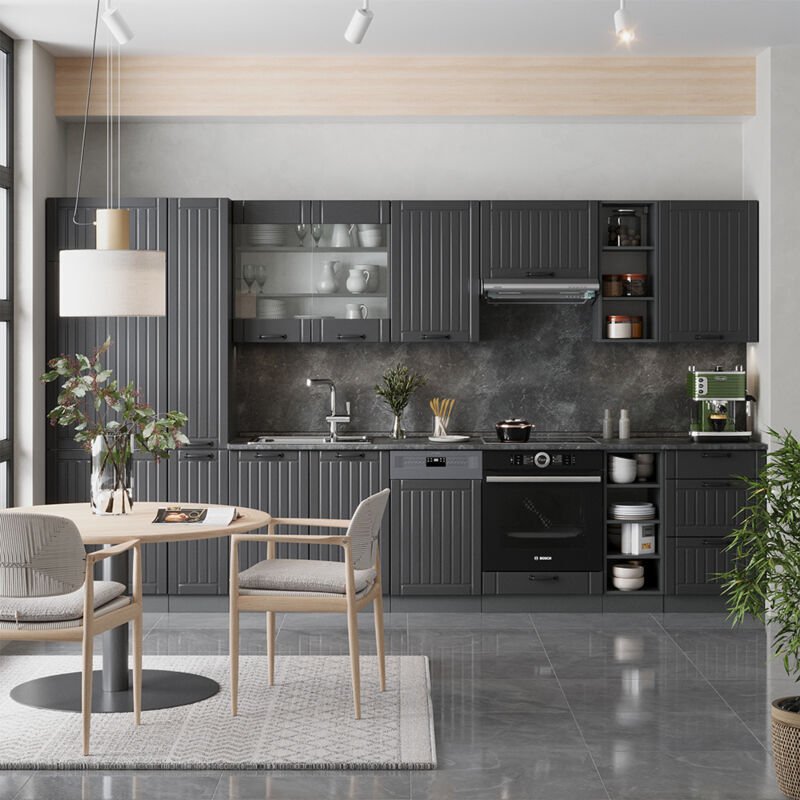 Küchenzeile Fame-Line, Dunkelgrau, 355 cm ohne Arbeitsplatte, Vicco