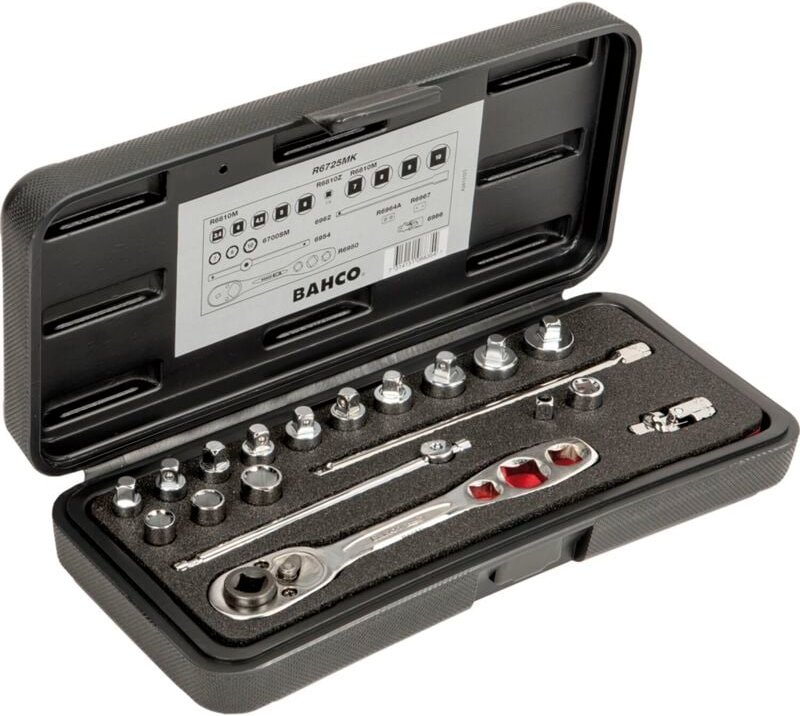 1/4-Steckschlüssel-Satz, metrisch, Sechskant, inklusive Umschaltknarre für Kältetechnik - 10-tlg. - Bahco