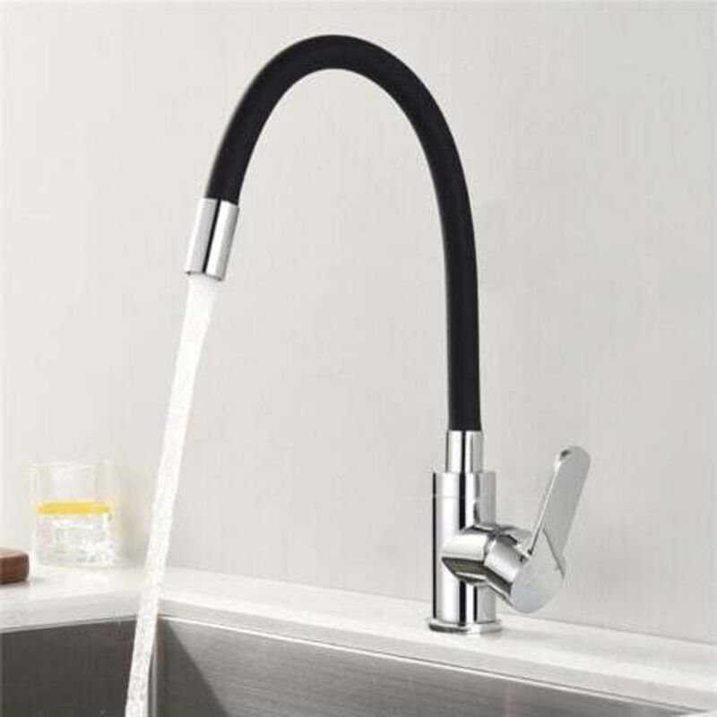 Memory Shape Küchenarmatur, schwarzes, gebogenes Silikon-Spülbecken, Chrom-Wasserhahn, 360°-Drehung