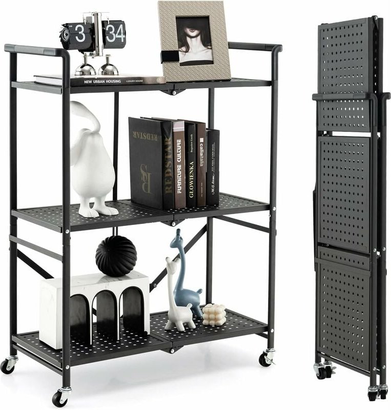 Servierwagen klappbar, Küchenwagen mit 4 Rollen, 2 feststellbar, 3 Etagen Metallregal, Allzweckwagen für Küche Büro Gara...