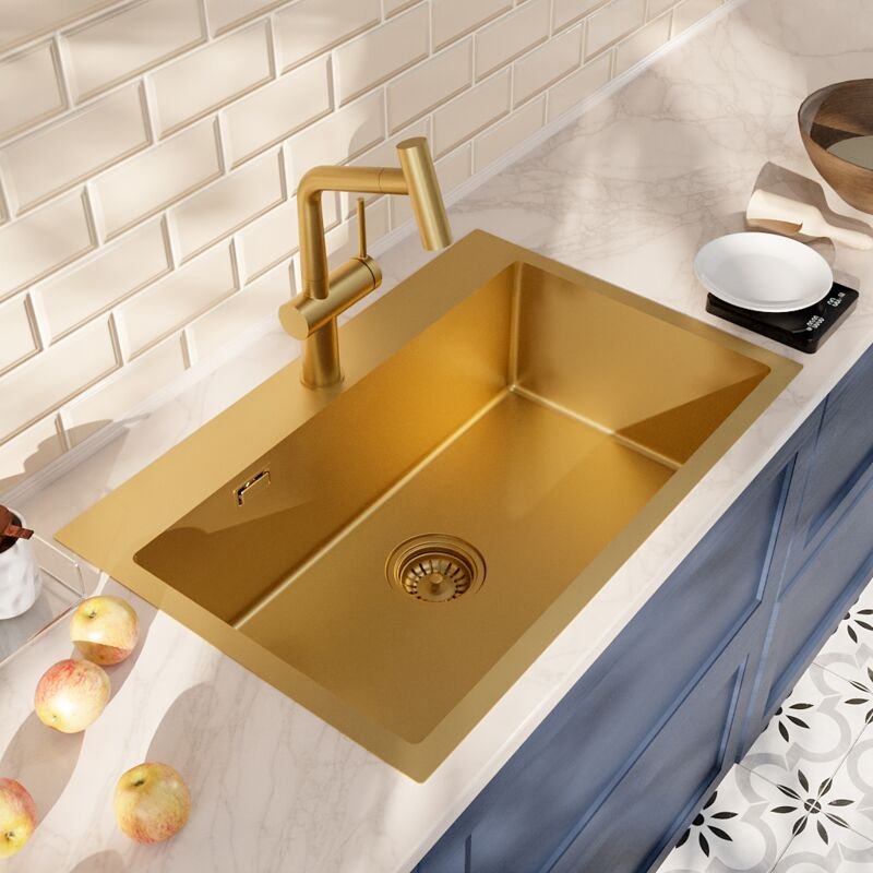 Ceramia Einbauspüle 68x45 cm + Armatur mit Brause, Edelstahl, Gold gebürstet