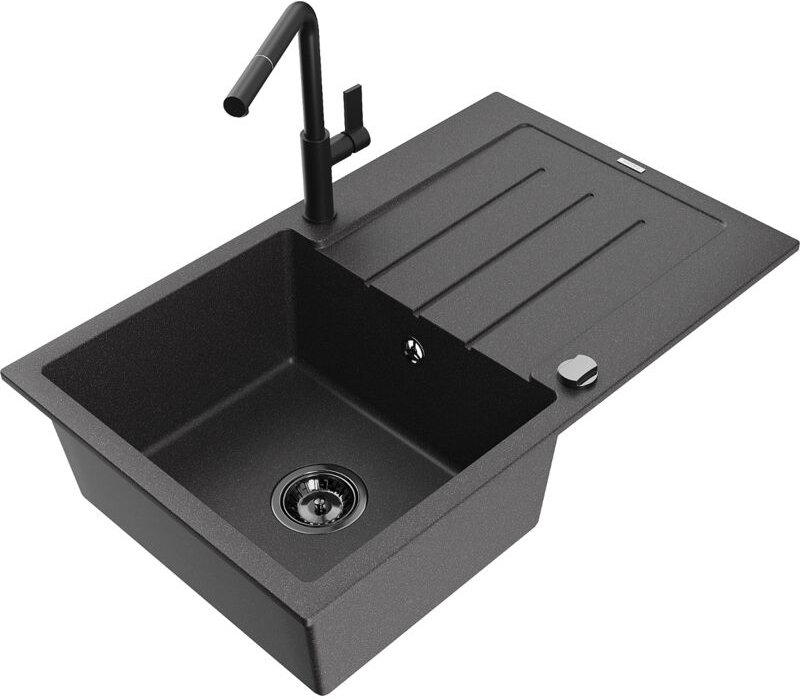 Bruno 1 Becken-Granitspüle mit Abtropffläche und Mischbatterie Flora, Schwarz gesprenkelt - 65 - Mexen