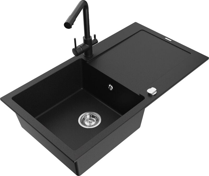 Leo 1 Becken-Granitspüle mit Abtropffläche und Mischbatterie Duero, Schwarz - 6501-77-671600-7 - Mexen