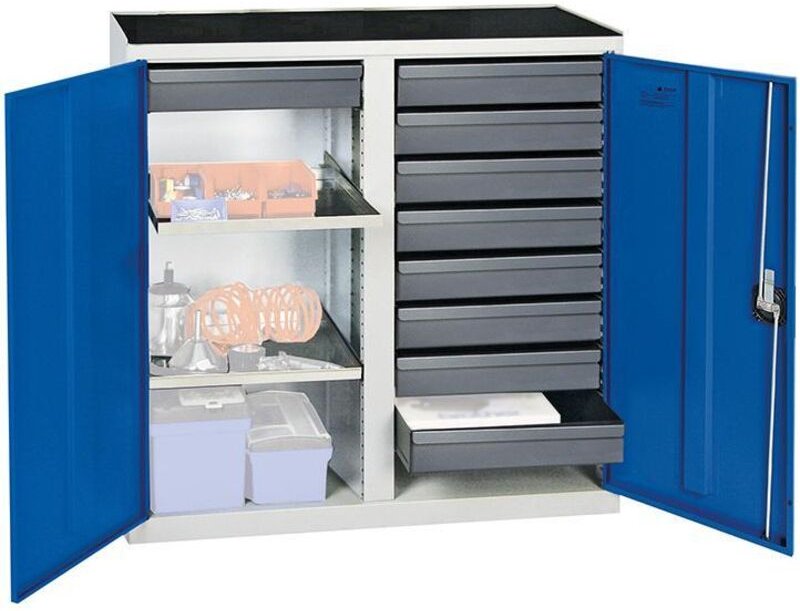 Werkzeug- und Materialschrank Serie 3000 lichtgrau / enzianblau 9 Schubladen 100 mm + 2 Auszugsböden - 3002974 - Stumpf