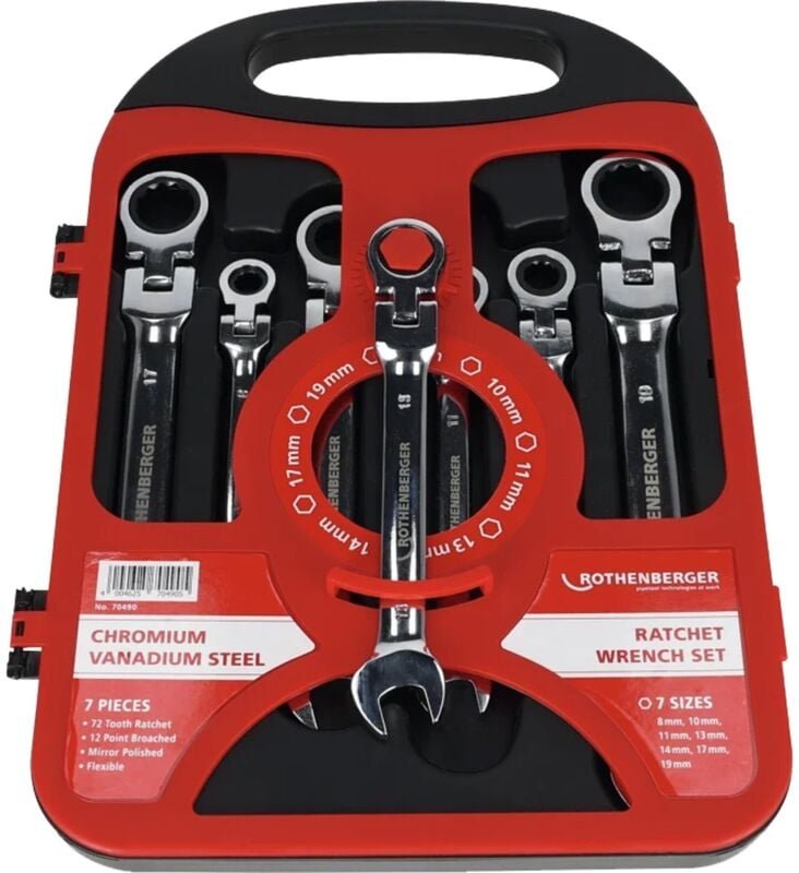 Maul/Gelenk-Ratschenschlüssel ROCLICK-Set 7tlg. 8-10-11-13-14-17-19mm im Kunststoffkoffer - 70490 - Rothenberger
