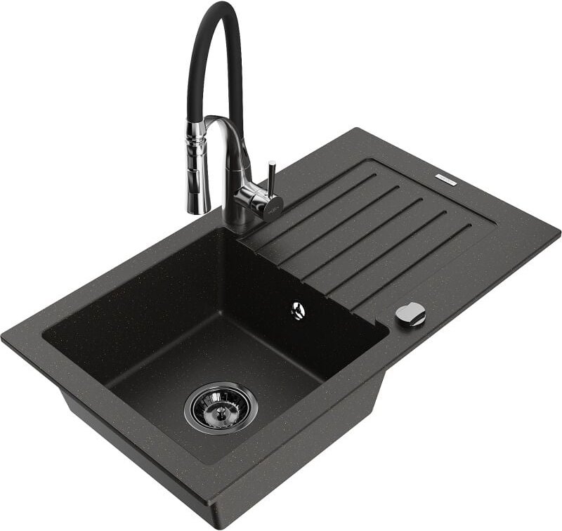 Pablo 1 Becken-Granitspüle mit Abtropffl√§che und Mischbatterie Aster, Schwarz/Gold metallisch - 6510-75-73450-07-B - Me...