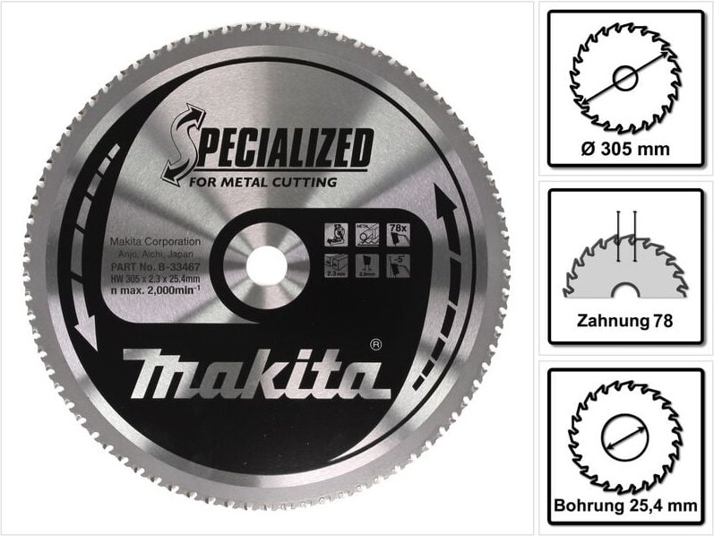 Specialized Kreissägeblatt für Metall 305 x 25,4 x 2,3 mm 78 Zähne ( B-33467 ) für Kaltkreissäge lc 1230 - Makita