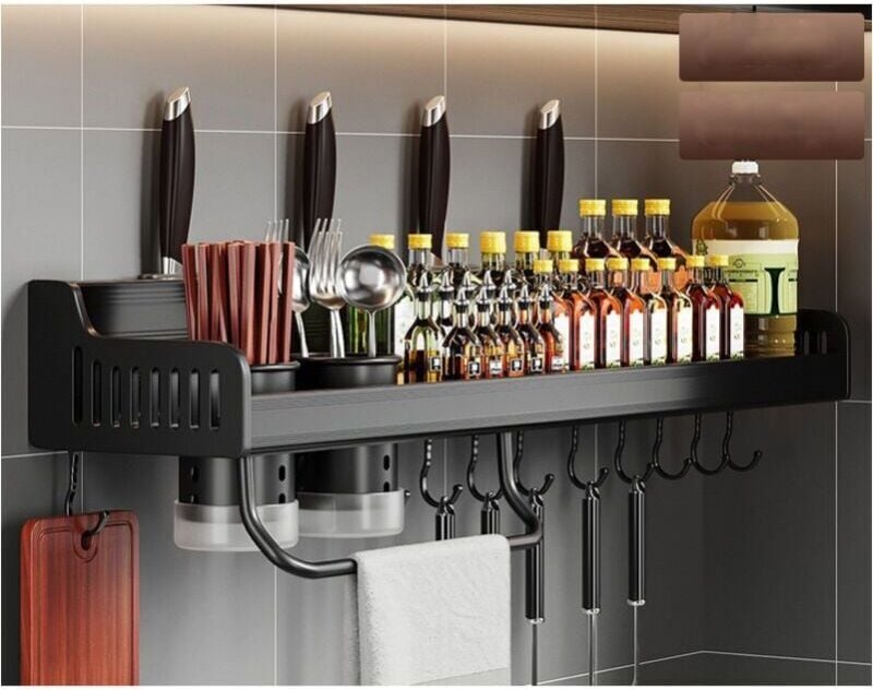 Gewürzregal für die Küche, an der Wand montiertes Gewürzregal, Küchenaufbewahrung, Schwarz, 50 cm Ymyny