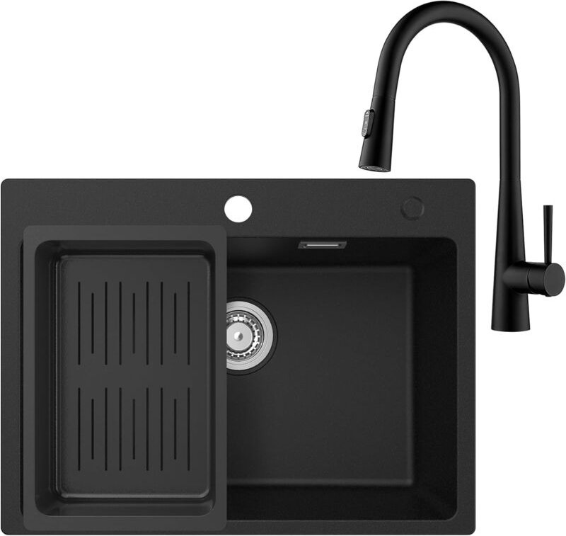 Fregadero Cocina 1 Seno 60 x 45 cm con Grifo Cocina Extraible, Fregadero Negro con Cestillo Colador, Fregadero de Granit...