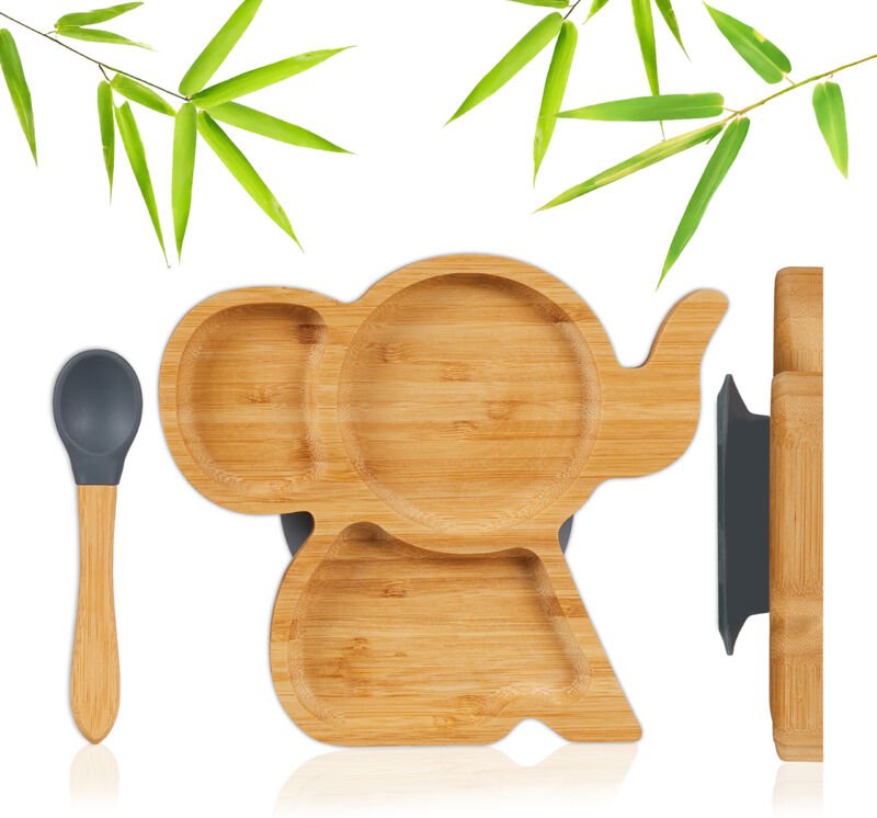 Relaxdays - Kinderteller Bambus, Saugnapf, BPA-frei, rutschfest, unterteilter Babyteller, Bambusteller Elefant, natur/gr...