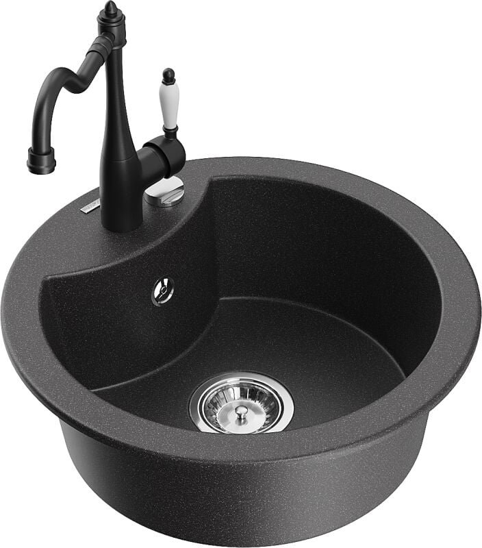 Diego 1-Becken-Granit-Spüle mit Mischbatterie Carla, Schwarz gesprenkelt - 6512-76-670700-70 - Mexen