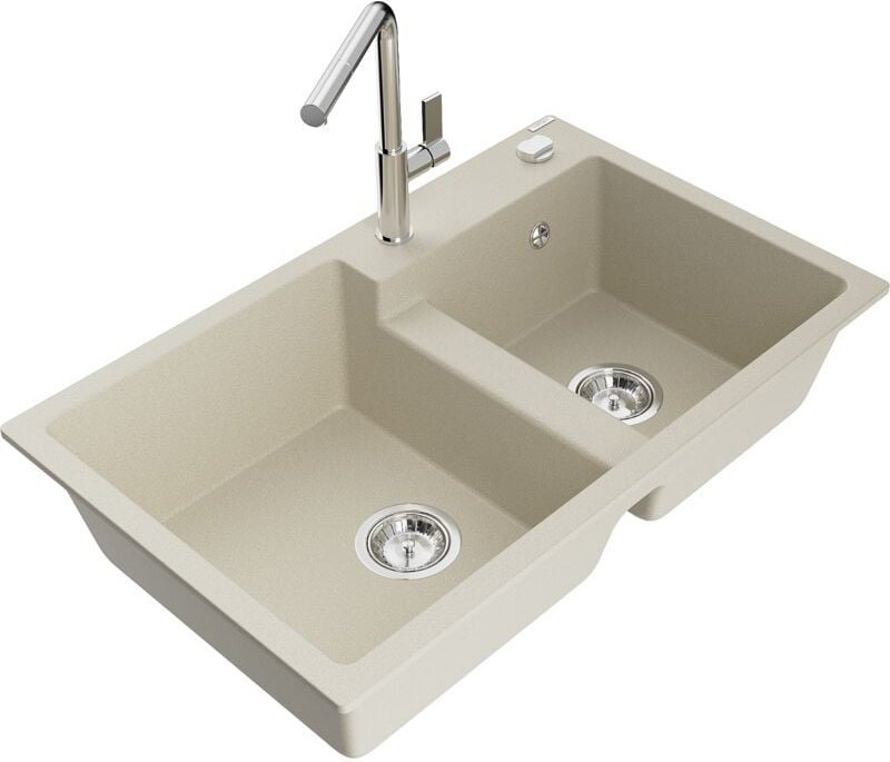 Mexen Tomas 2-Becken-Granitspüle mit Mischbatterie Flora, Beige - 6516-69-670401-00
