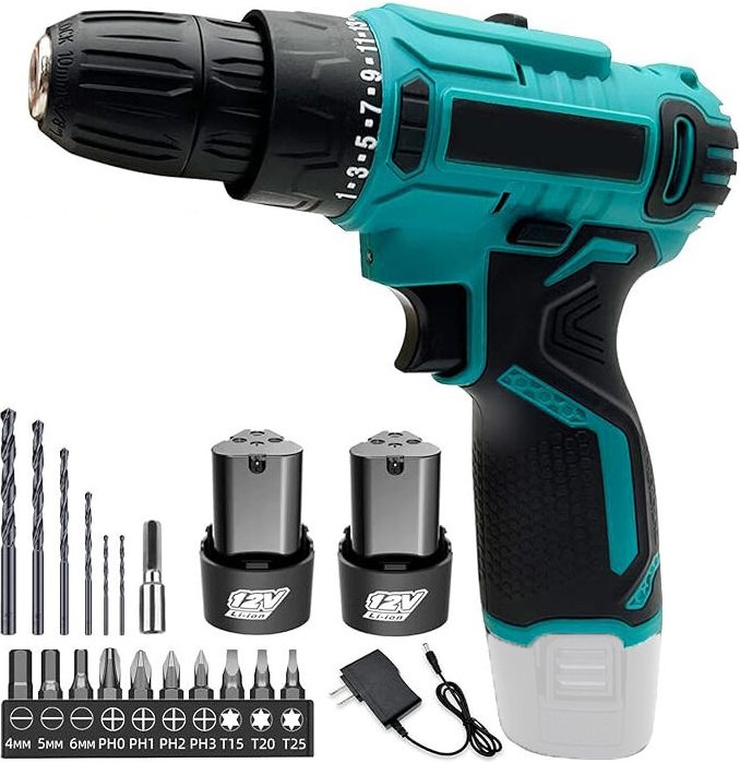 Teetok - Bohrer, 12 v Akku-Kombibohrmaschine, leistungsstarker Elektroschrauber, 2x 1,5 a Akku, 40 Nm, 3/8' Bohrfutter, ...