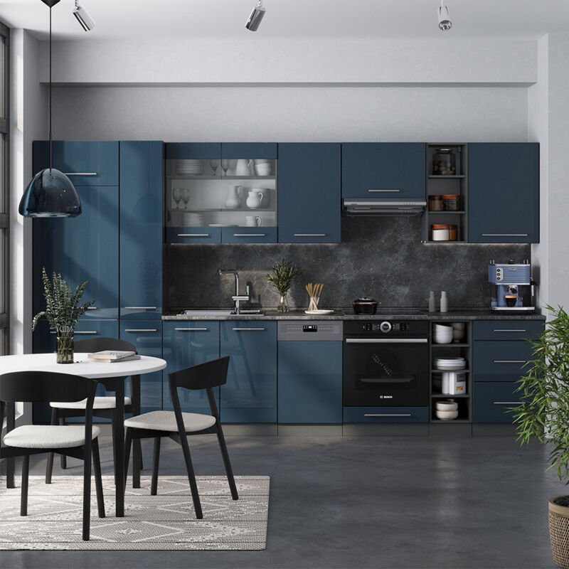 Vicco - Küchenschränke Fame-Line, Dunkelblau Hochglanz/Anthrazit, 355 cm , ap Marmor