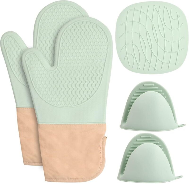 5er Set Ofenhandschuhe aus Silikon, Topflappen für die Küche, hitzebeständige Baumwollhandschuhe und Topflappen, Silikon...