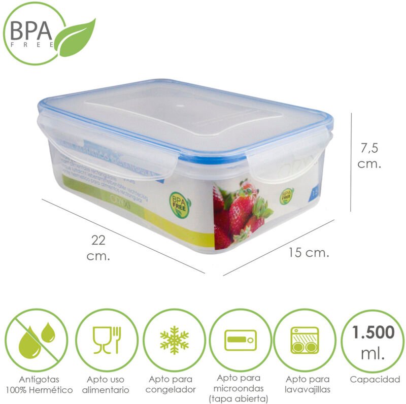 Rechteckiger luftdichter Kunststoffbehälter 1.500 ml. 22 x 15 x 7,5 (H) cm.