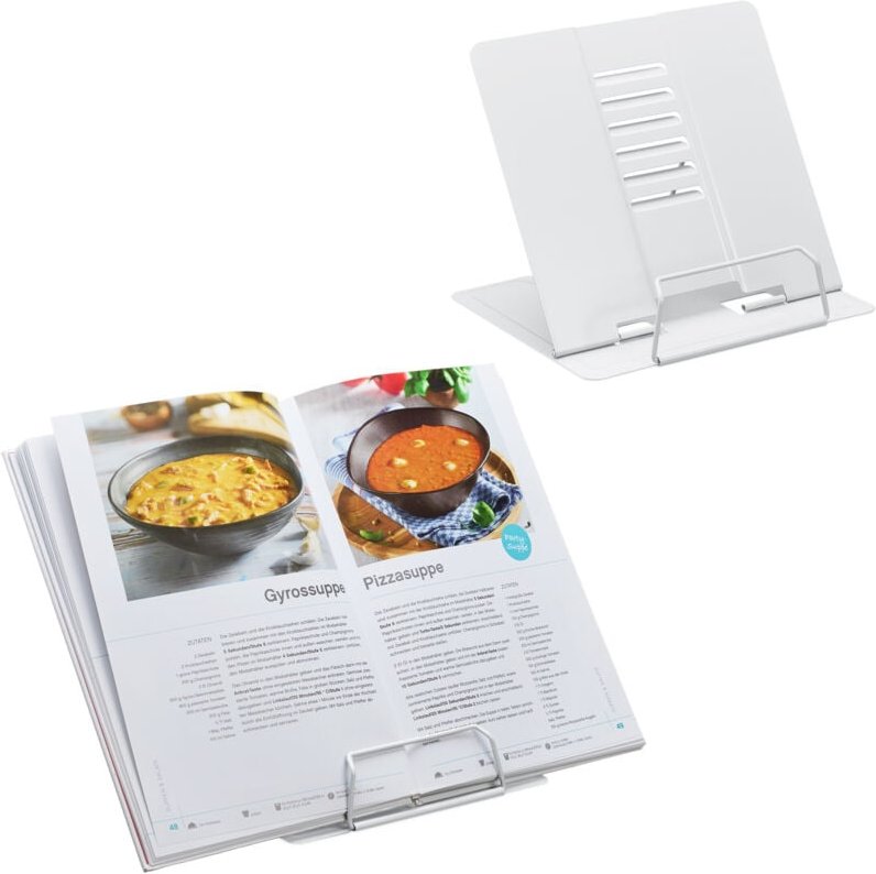 Relaxdays - Buchständer, 2er Set, Leseständer 6-fach höhenverstellbar, Kochbuchhalter mit Klemme, Küche, Stahl, weiß