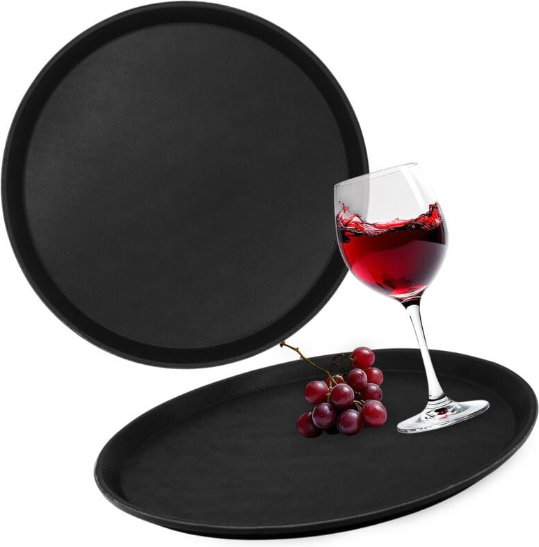 Spetebo Serviertablett rutschfest rund schwarz wiederverwendbar 35 cm - 2er Set - Mehrweg Kunststoff Antirusch Kellnerta...