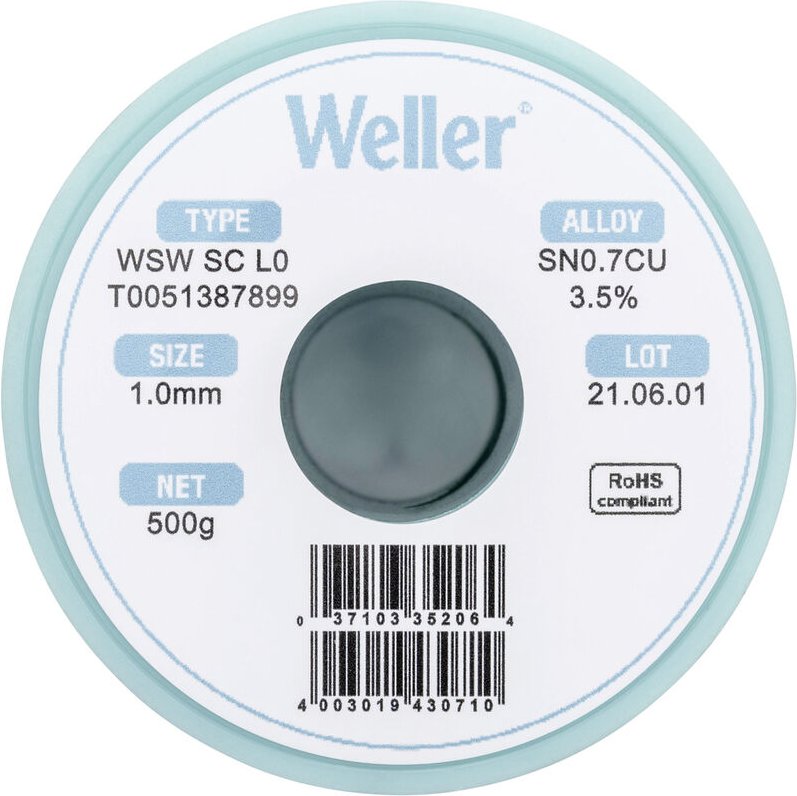 Weller WSW SC L0 Lötzinn, bleifrei Spule Sn0,7Cu 500 g 1 mm