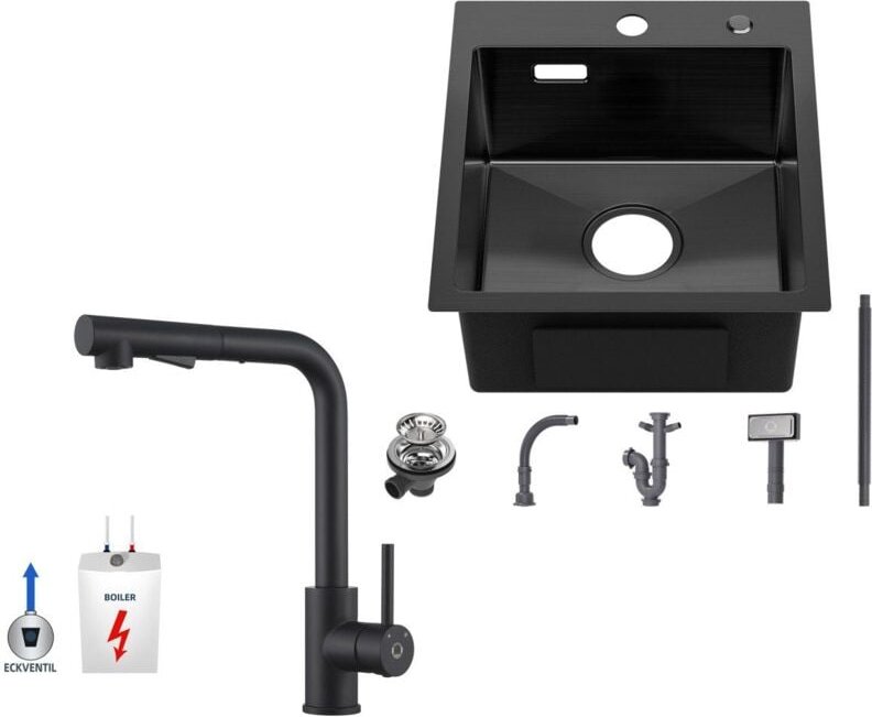 Cecipa Max - 40×45CM Aufsatzspüle für die Küche Anthrazitschwarz Edelstahlspüle mit Schwarz Ausziehbarer Küchenarmatur N...