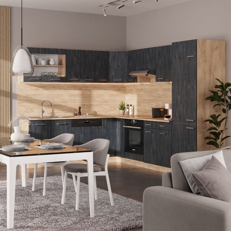 Vicco - Einbauküche in L-Form R-Line, Schwarz Beton/Goldkraft Eiche, 227 x 287 cm ap Marmor