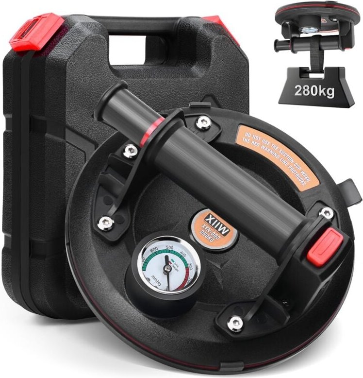 Saugheber Fliesen 280kg mit Manometer Glasheber Saugnäpfe Plattenheber Saugnapf Glassauger mit Transportkoffer Fliesenhe...