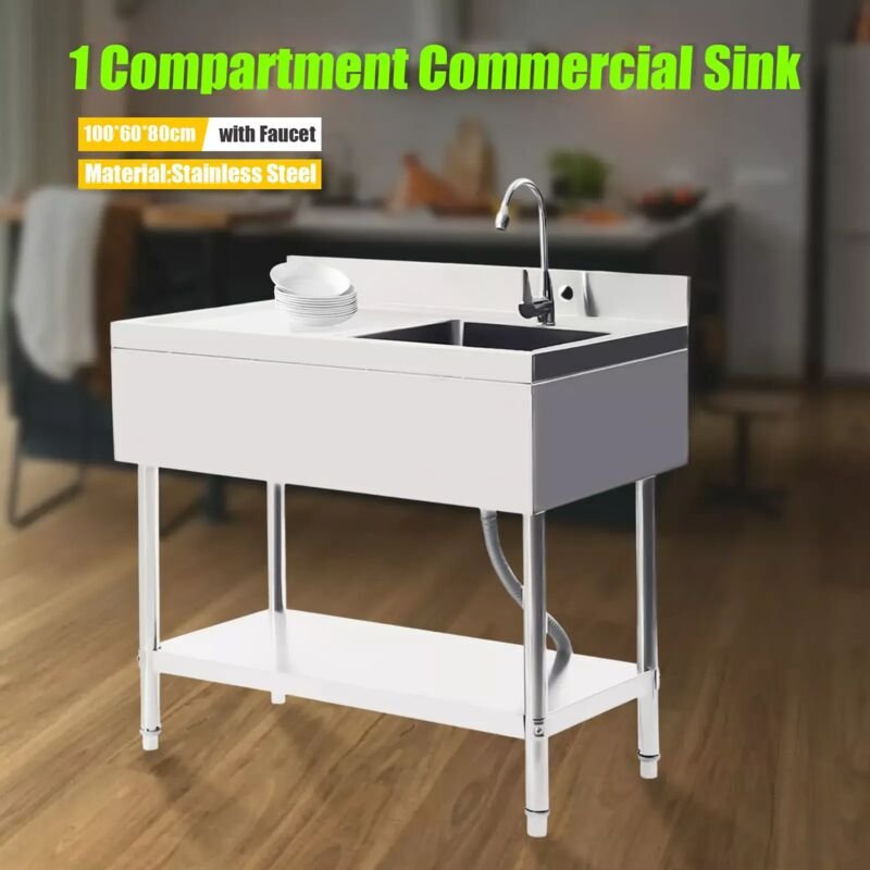 Freistehende Edelstahlspüle 100x60x80cm, Edelstahl Multifunktionswaschtisch Spültisch Mit Regal, Tragfähigkeit 300kg, Ei...