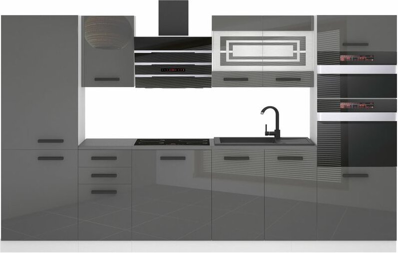 Küchenzeile Küchenblock Mila - Küchenmöbel 300 cm Einbauküche Vollausstattung ohne Elektrogeräten mit Hängeschränke und ...