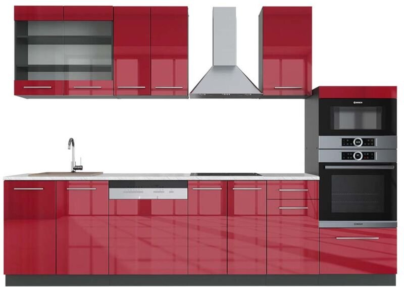 Vicco - Küchenzeile Fame-Line, Bordeaux Hochglanz/Anthrazit, 300 cm mit Hochschrank, ap Marmor