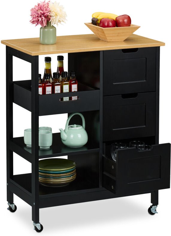 Küchenwagen, Arbeitsplatte, 3 Schubladen, 3 Fächer, hbt 85x68,5x38,5 cm, Kücheninsel auf Rollen, schwarz/natur - Relaxda...