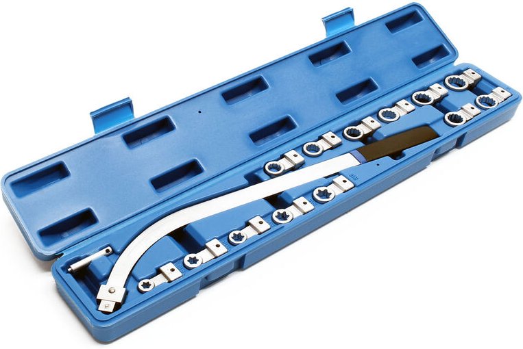 Spannrollenschlüssel Set mit 13 Aufsätzen, davon acht 12-kant 12-19mm und fünf E-Profile im praktischen Koffer - Xpotool