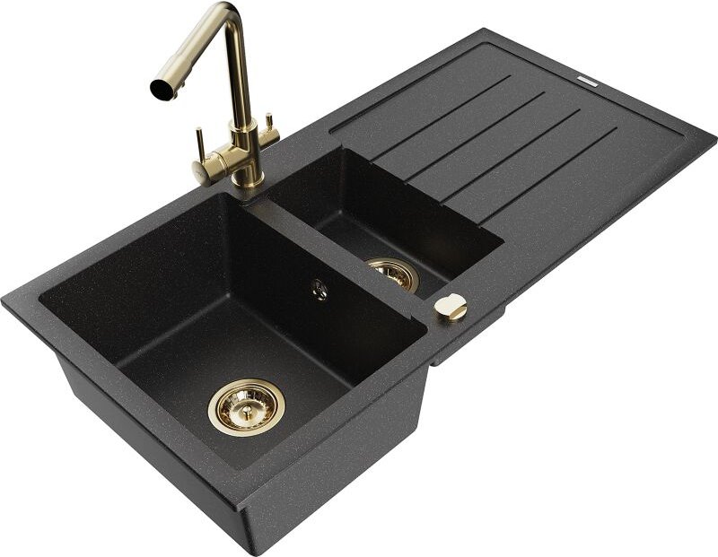 Andres 1,5-Becken-Granitspüle mit Abtropffl√§che und Mischbatterie Duero, Schwarz/Silber - 6515-73-671600-50 - Mexen