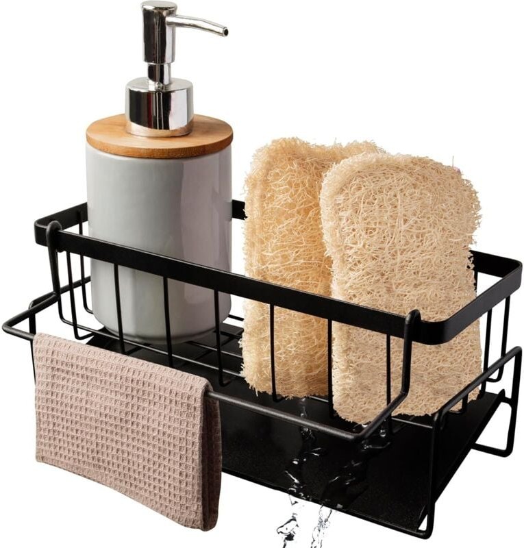 Halter zur Aufbewahrung von Geschirrspülmitteln, Seifenhalter und Organizer in schwarzem Edelstahl, Schwammhalter, Abtro...