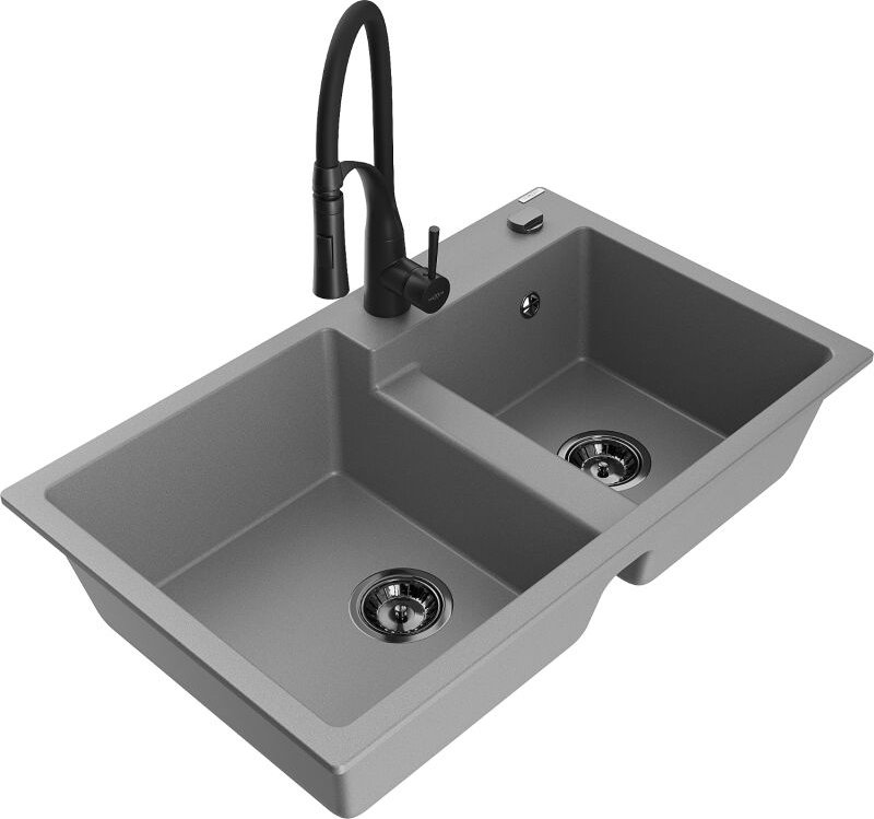 Tomas 2-Becken-Granitspüle mit Mischbatterie Aster, Grau - 6516-71-73450-70-B - Mexen