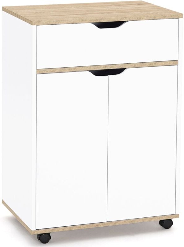 Küchenwagen COSY Schrank mit Schublade aus weißem Holz und Buchenholzplatten L.60 CM