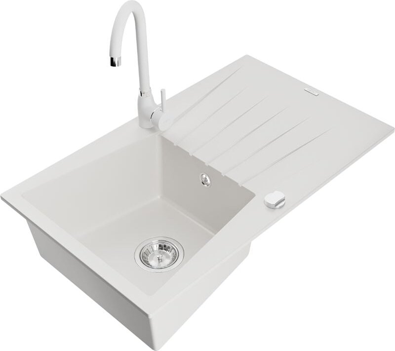 Cesar 1 Becken-Granitspüle mit Abtropffläche und Mischbatterie Telma, Weiß - 6514-20-670200-20 - Mexen