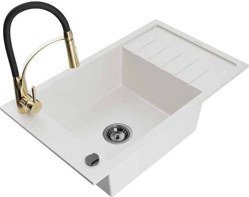 Elias 1 Becken-Granitspüle mit Abtropffl√§che und Mischbatterie Aster, Wei√ü - 6511-20-73450-57-B - Mexen