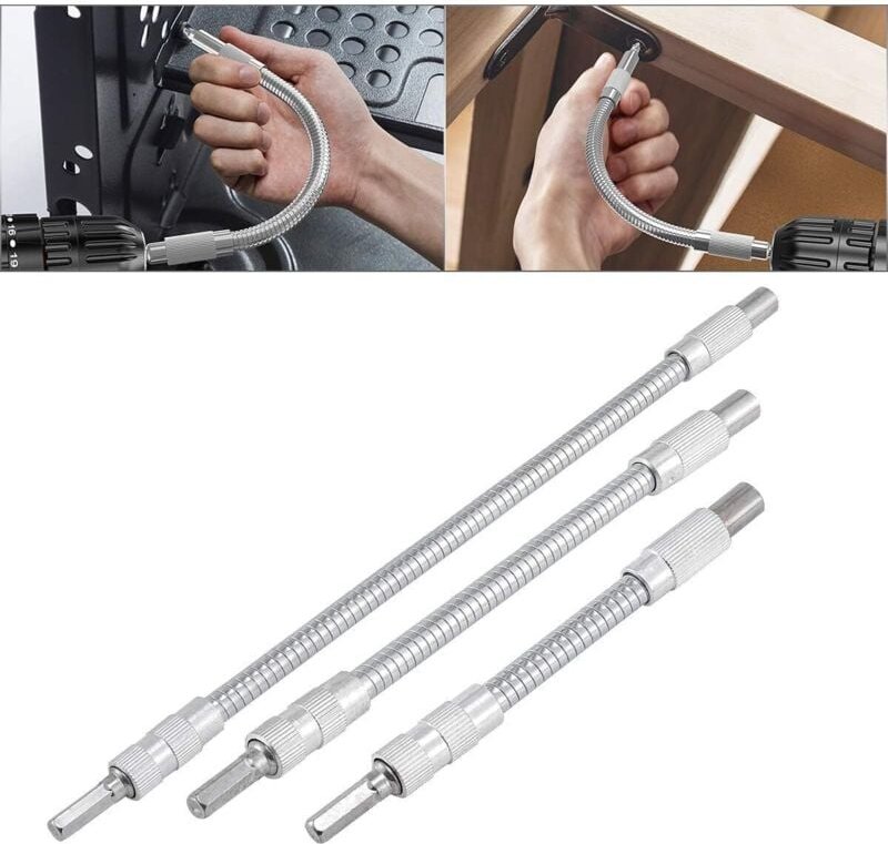 Thumbnail - 3-teilige Schraubendreher-Bit-Verlängerung mit flexibler Welle für Bohrschrauber – 150 mm/200 mm/300 mm, 6,35 mm (1/4 Zo...