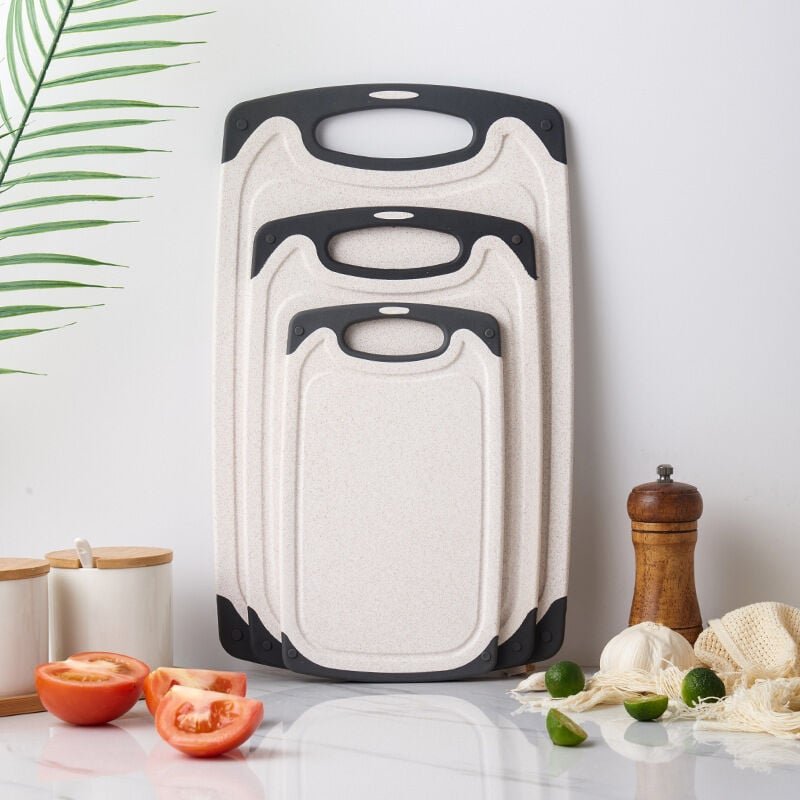 Schneidebrett, 3er-Set Schneidebretter mit Saftrillen – Spülmaschinenfest und rutschfest, Beiges Weizenstroh – BPA-frei ...