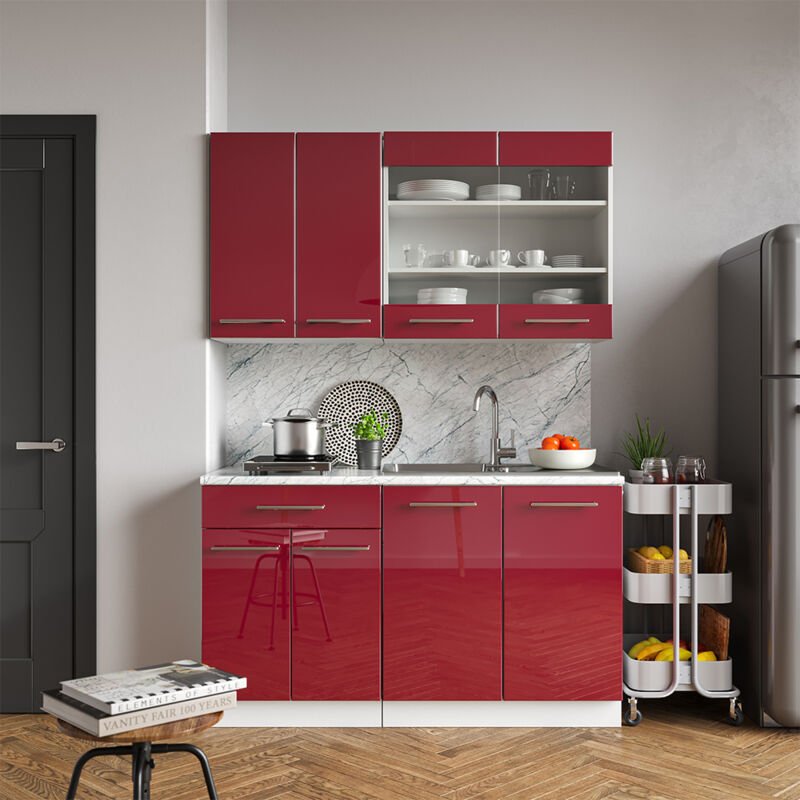 Vicco - Singleküche Fame-Line, Bordeaux Hochglanz/Weiß, 140 cm , ap Marmor