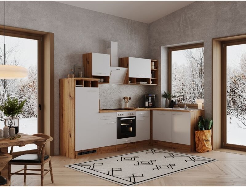 Küche Küchenzeile Leerblock Winkelküche Eiche Weiß Hilde 280x172 cm Respekta