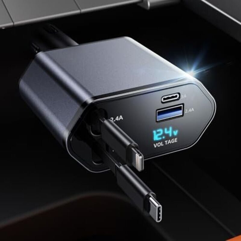 4-in-1-Autoladegerät mit Ausziehfunktion – 63-W-Schnellladegerät-Adapter fürs Auto – Einziehbare Kabel (0,8 m) – 2 USB-A...