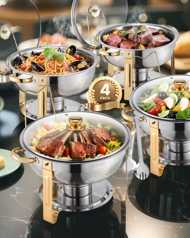 VEVOR Chafing Dish Buffet Speisenwärmer mit 4 Behältern in voller Größe (4,7 L), runder Catering-Wärmespender mit Glasde...